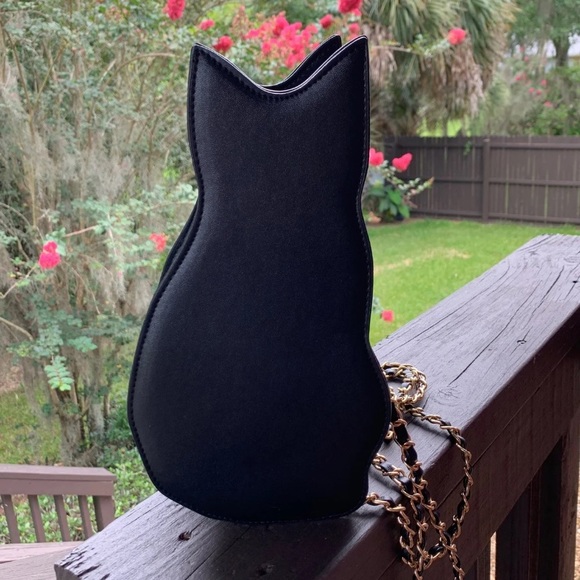 Black cat kitty crossbody purse gold chain kitten - Picture 7 of 13